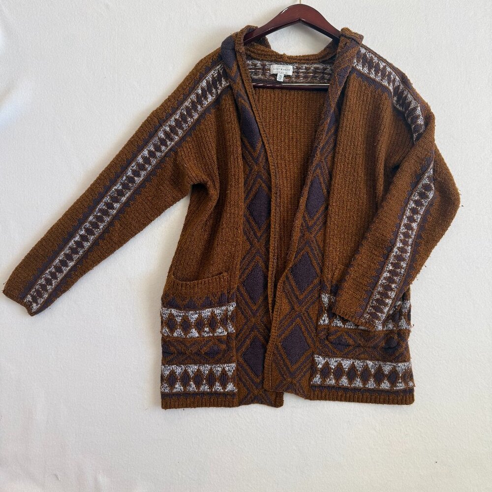 Lucky Brand Cardigan Sweater Women's L Brown Hooded Aztec Boho Knit Southwestern